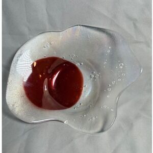 Artisan Fused Glass Freeform Bowl Iridescent Clear Ruby Red Bubble Art Glass 8"